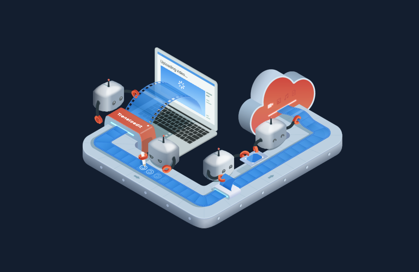 4 robots working to process a video on a conveyor belt