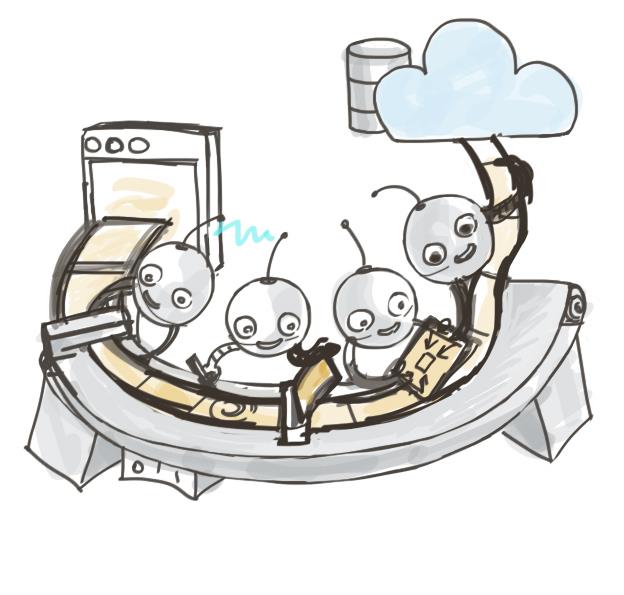 A sketch of friendly robots working on a conveyor belt.