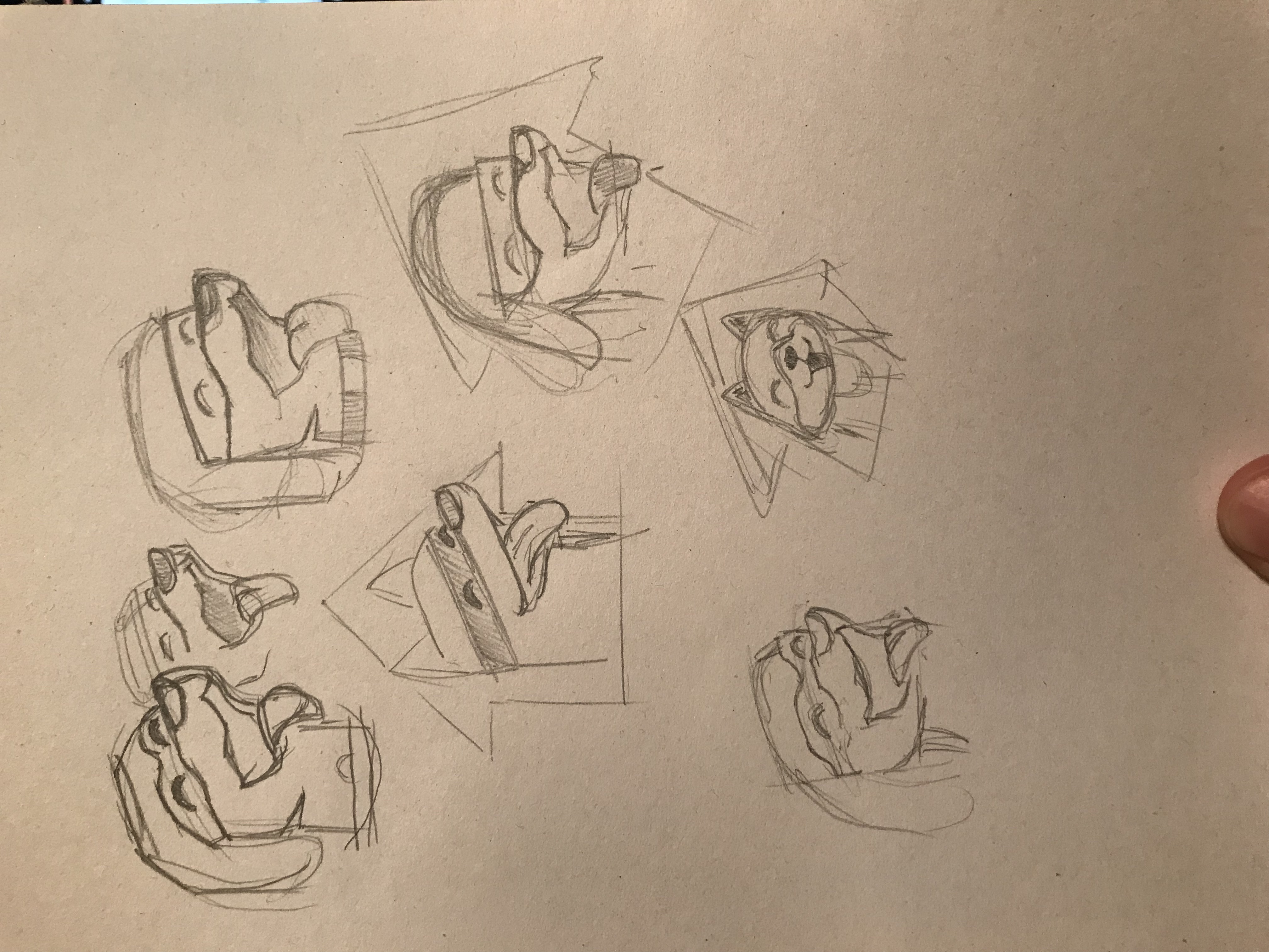 7 different sketches of a dog face wearing a super hero mask.