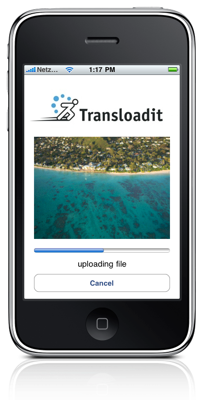 An iPhone with a file being uploaded on the screen using Transloadit.