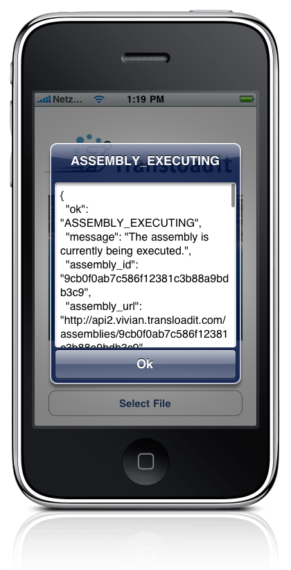 The result from uploading the file with status 'ASSEMBLY_EXECUTING'