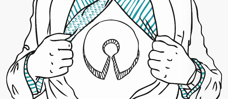 A line-art photo of a person tearing their shirt open to reveal an open source logo underneath.