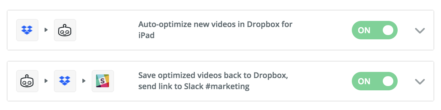 Two zaps, one for Dropbox to Transloadit, and one for Transloadit to Dropbox to Slack. Both are switched on.