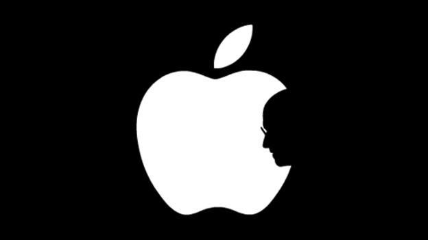 The Apple logo, with a silhouette of Steve Jobs' head on the right side.