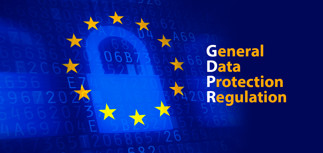 A blue background with random characters, a padlock and the EU stars around the padlock. The acronym 'GDPR' is to the right.