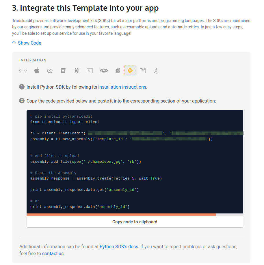 The generated Python integration code from the Template wizard