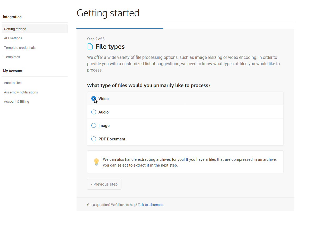 The second step, where the 'Video' option is selected as the type of file to process.
