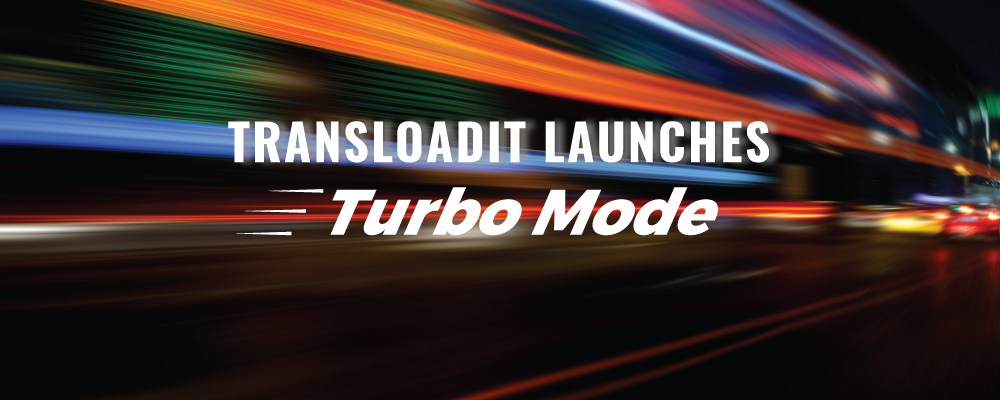 A blurry high-speed neon city-scape background with the text 'Transloadit launches Turbo Mode' in the foreground.