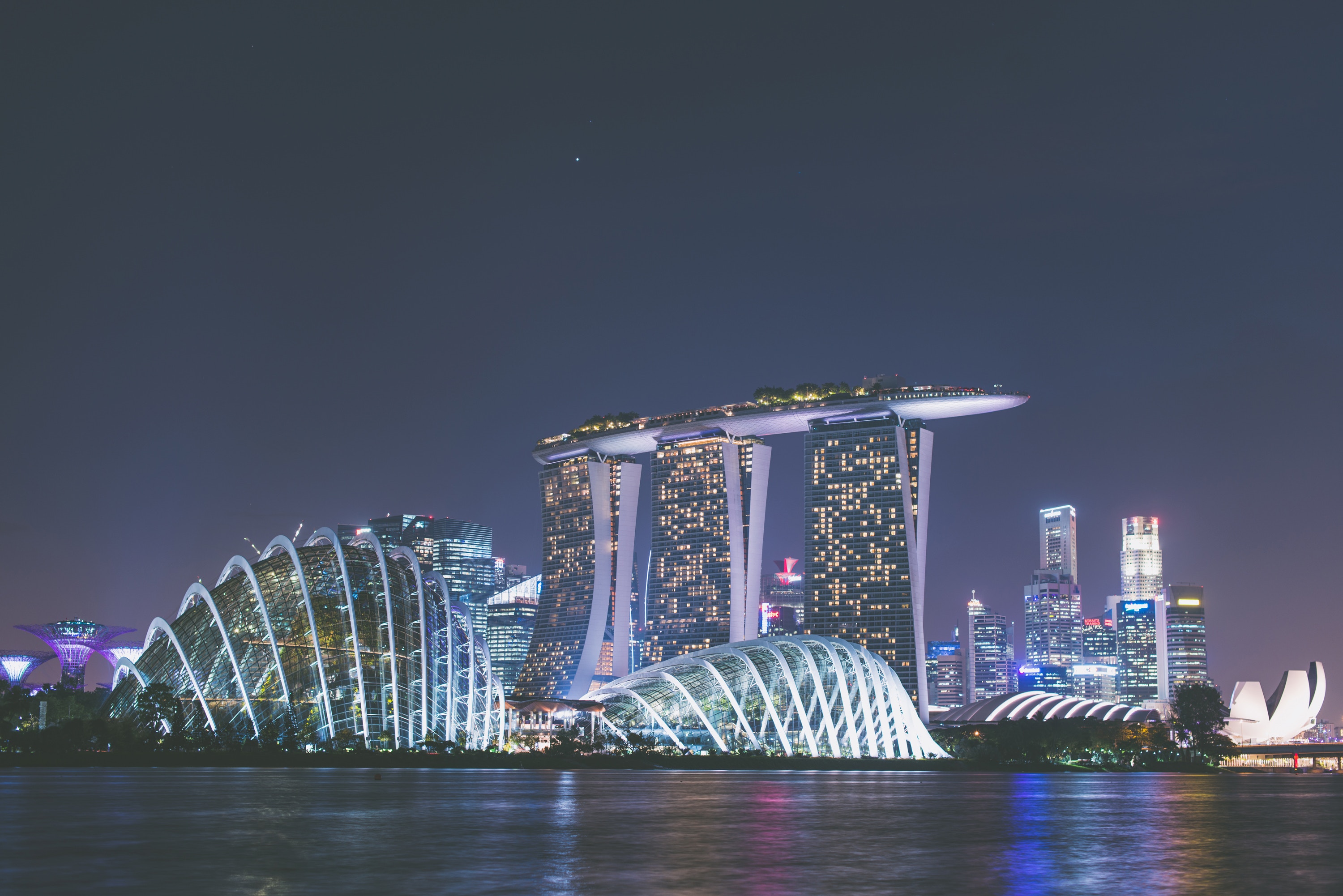 A picture of the Singapore skyline at night.
