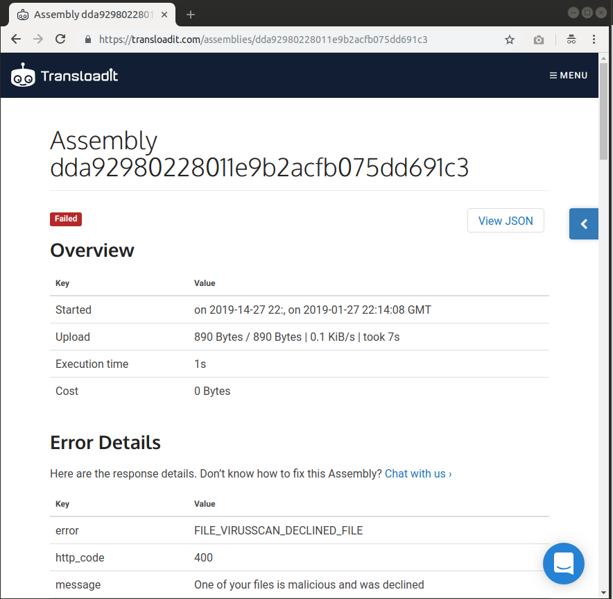 The second Assembly showing a virus being detected, and the file being declined.