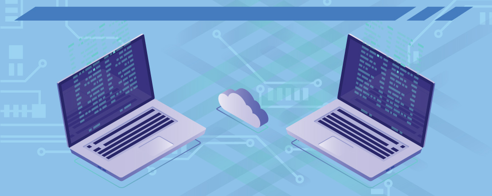 Two laptops on top of a circutboard-esque background with a cloud in the middle showing a connection between the two.