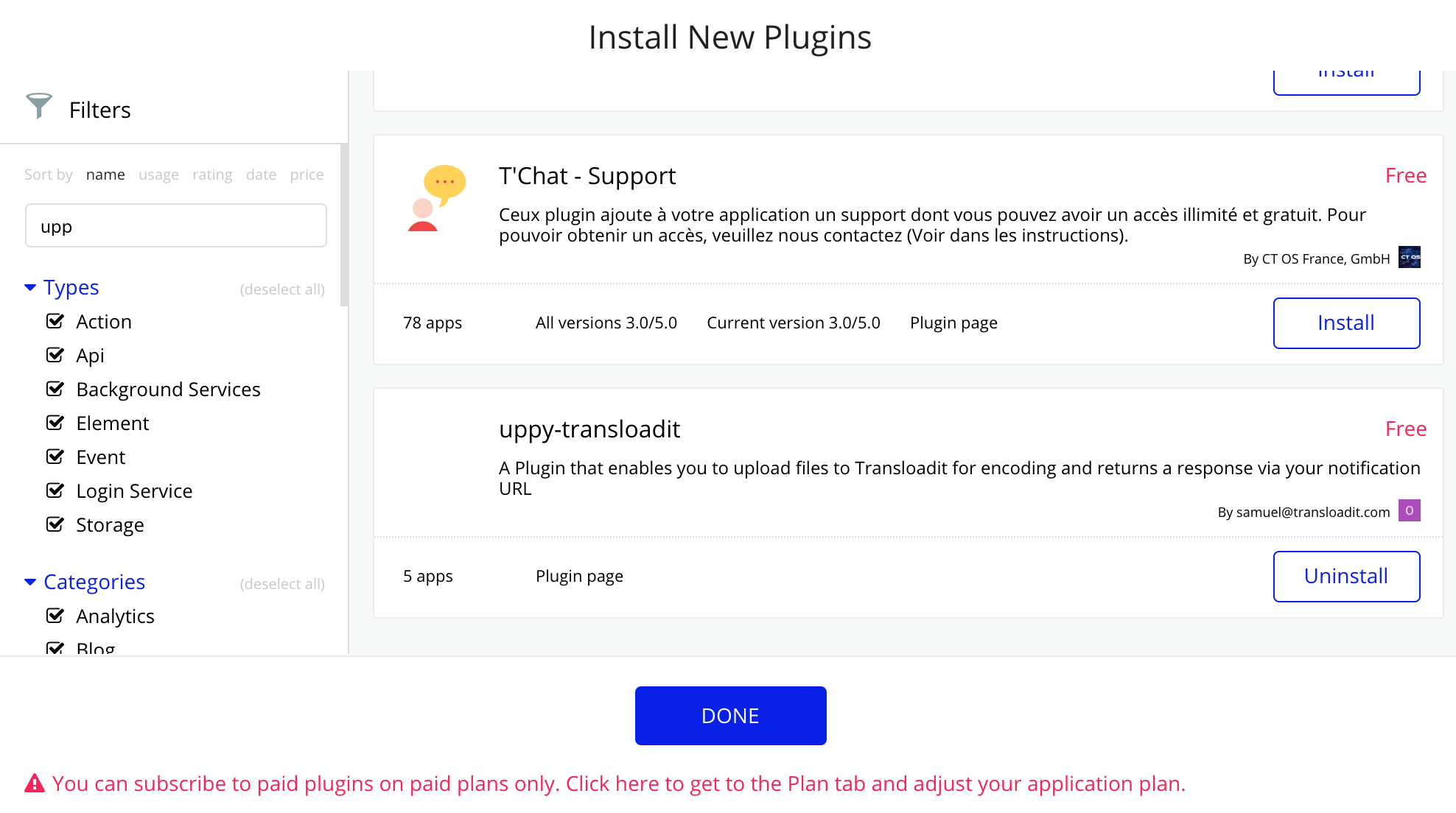 The Install New Plugins page on Bubble