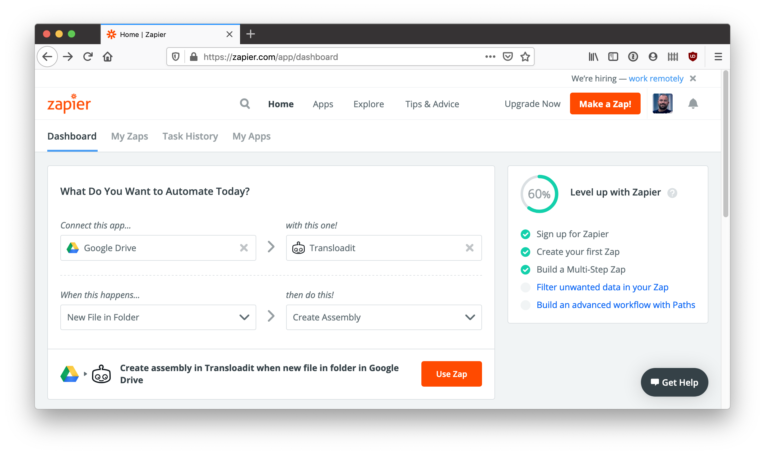 Creating a new Zap on Zapier to connect Google Drive with Transloadit