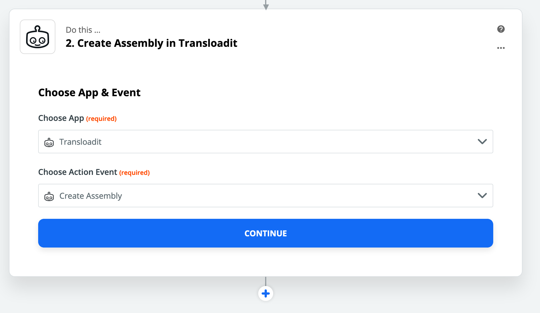 The Create Assembly in Transloadit Event page in Zapier.