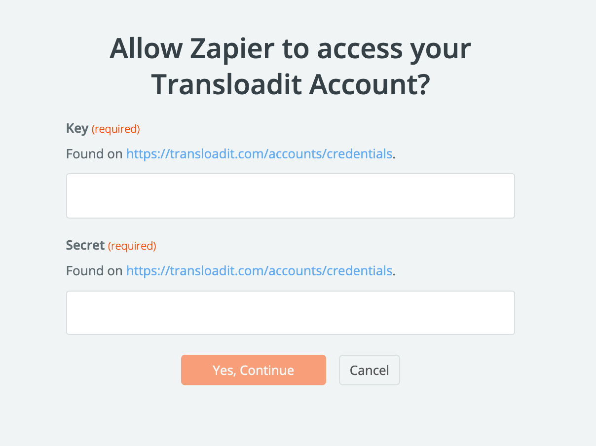 A modal pop-up with the text 'Allow Zapier to access your Transloadit Account', and a Key and Secret field.