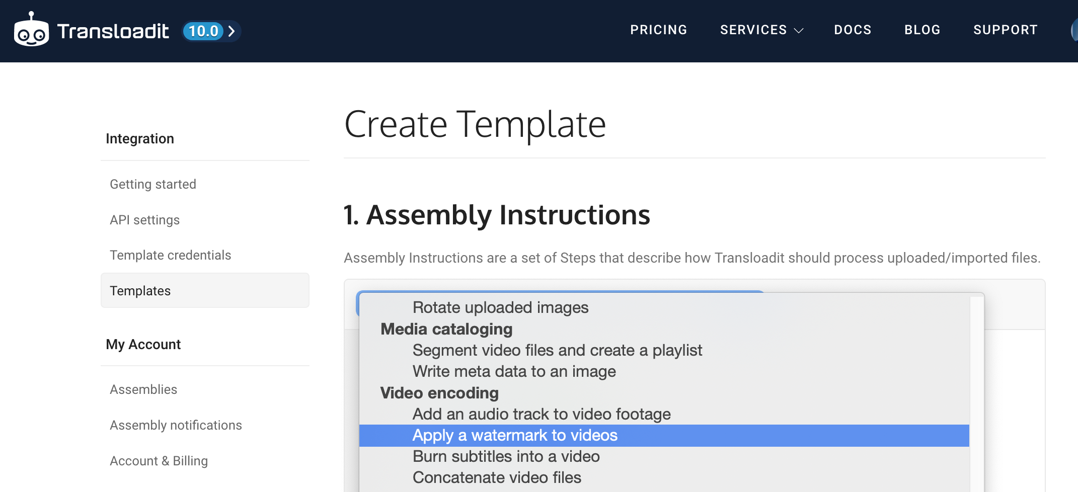 Creating a new Transloadit Template from the 'Apply a watermark to videos' demo