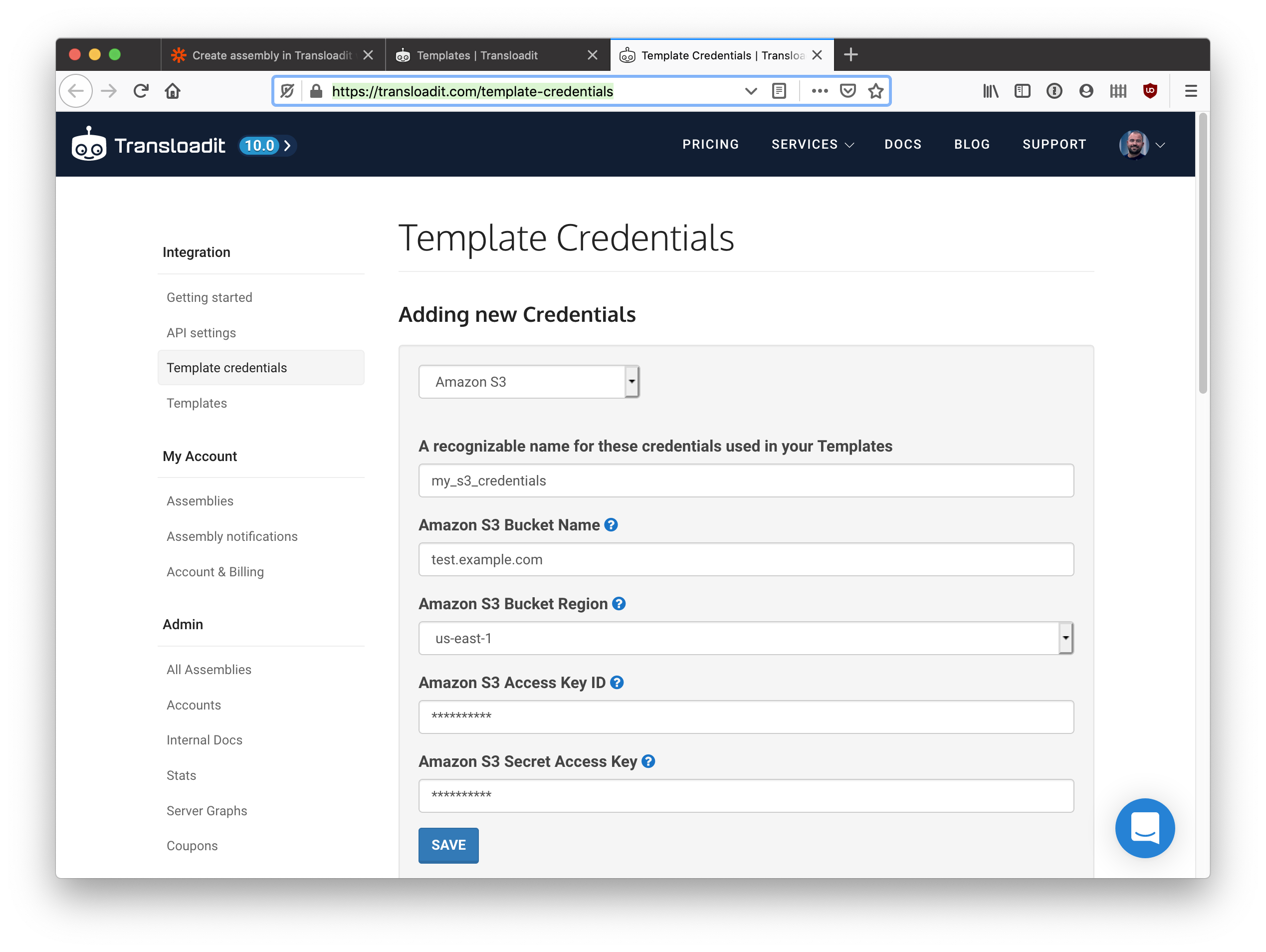 A browser window showing the Template Credentials page, where a new Amazon S3 Credential is being created for the bucket.