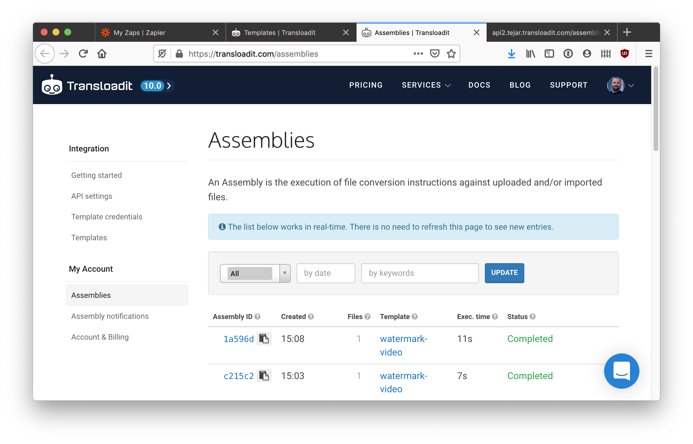 The Transloadit Assemblies page with two successful Assemblies