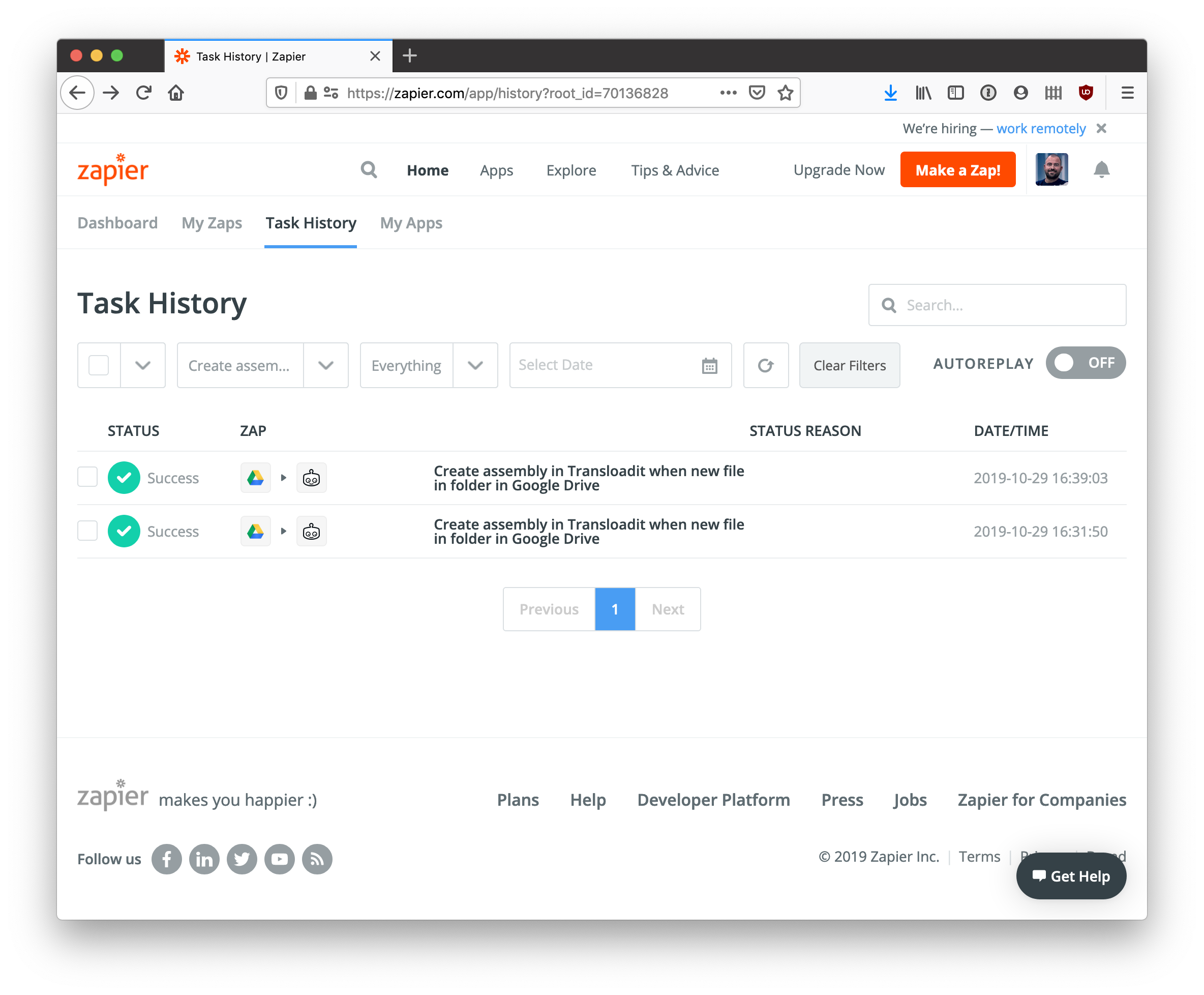 The task history page on Zapier showing two completed Zaps