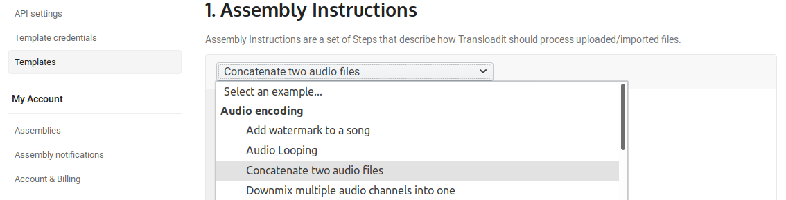 The Create Template page, selecting the 'Concatenate two audio files' demo as a starting point.