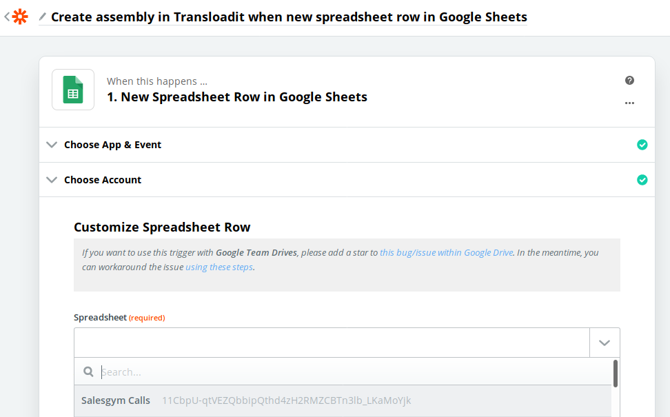 The Spreadsheet event page on Zapier, where the Salesgym Calls spreadsheet is being selected.