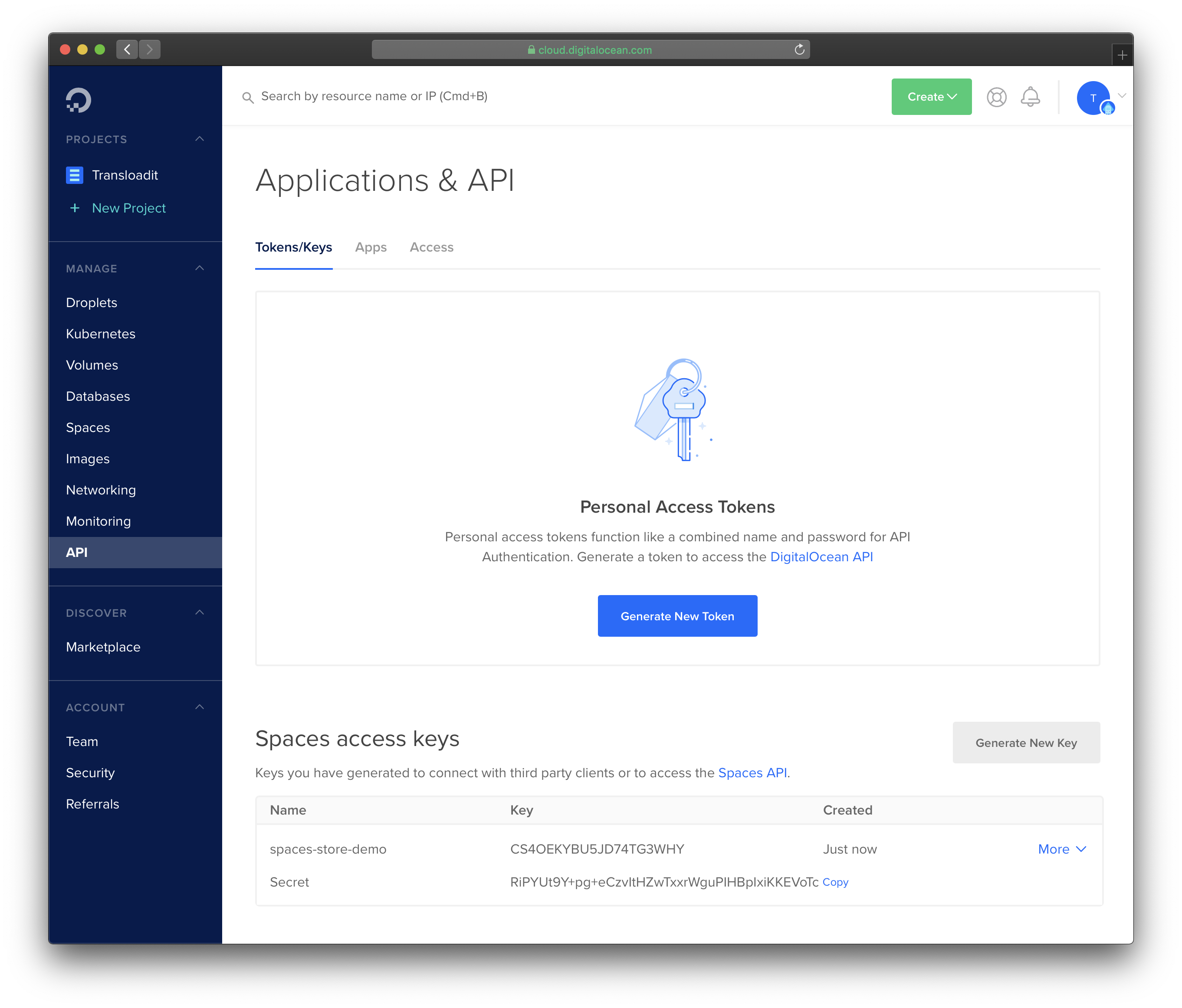 The Applications and API page, with the API key at the bottom