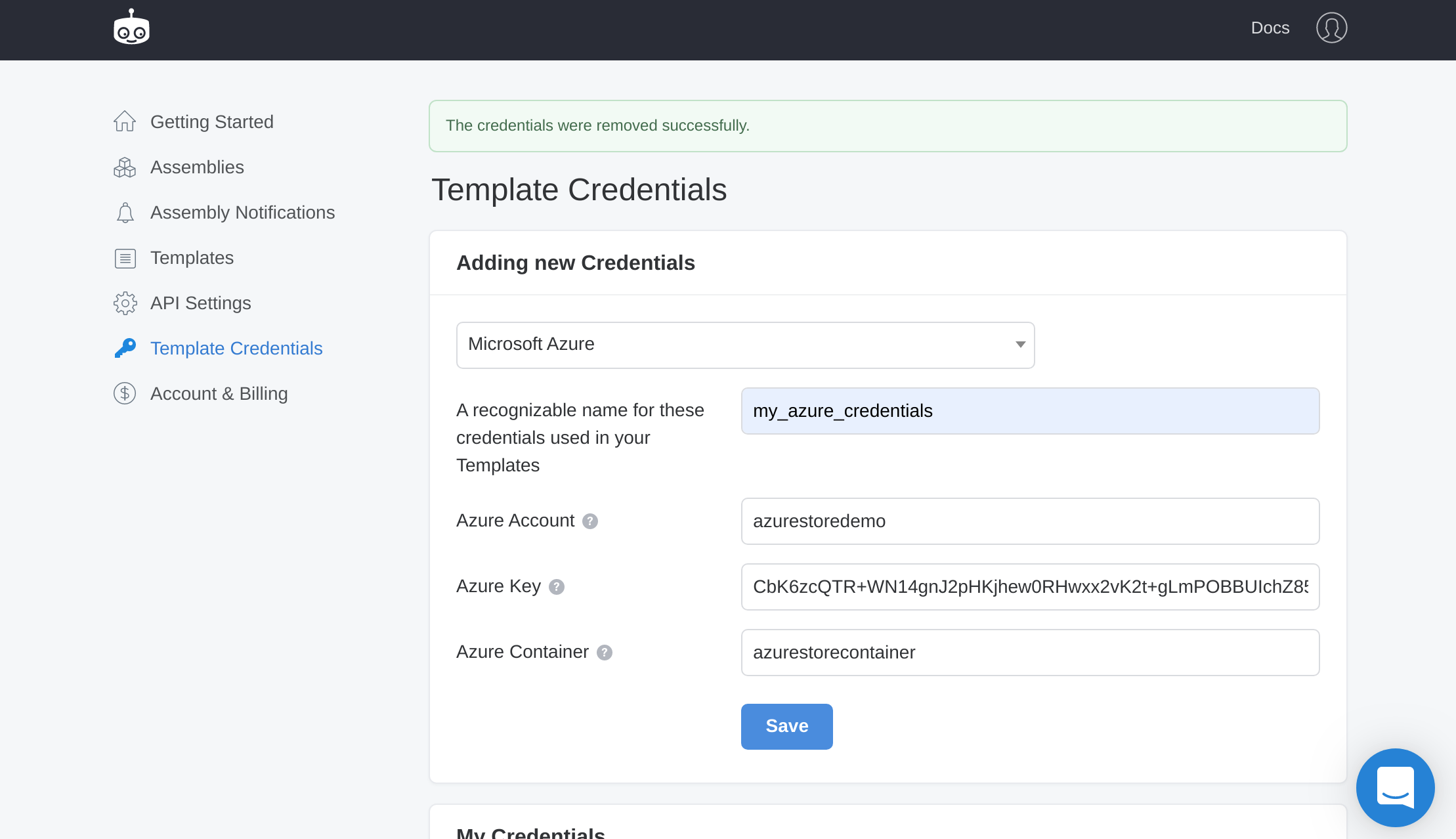 The Transloadit Console Credentials page showing a new Azure Credential being made, using the key from earlier