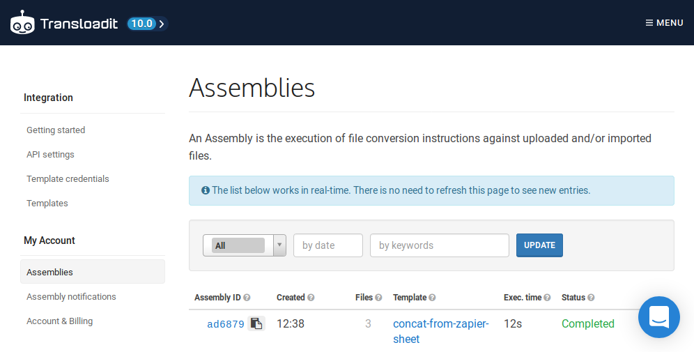 The Transloadit Assemblies page with one Assembly with the status 'Completed'.