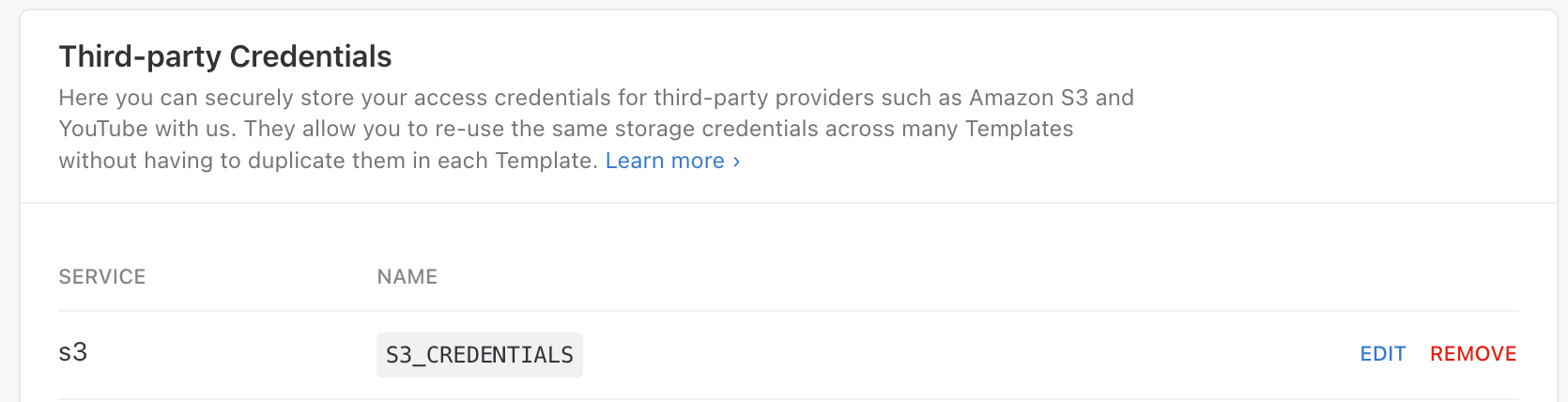 The Transloadit Crdentials page with the S3 credentials we made from Terraform