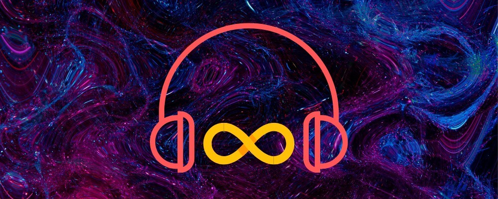A stunning purple and blue vector-field background with a pair of headphones around an infinity symbol in the foreground.