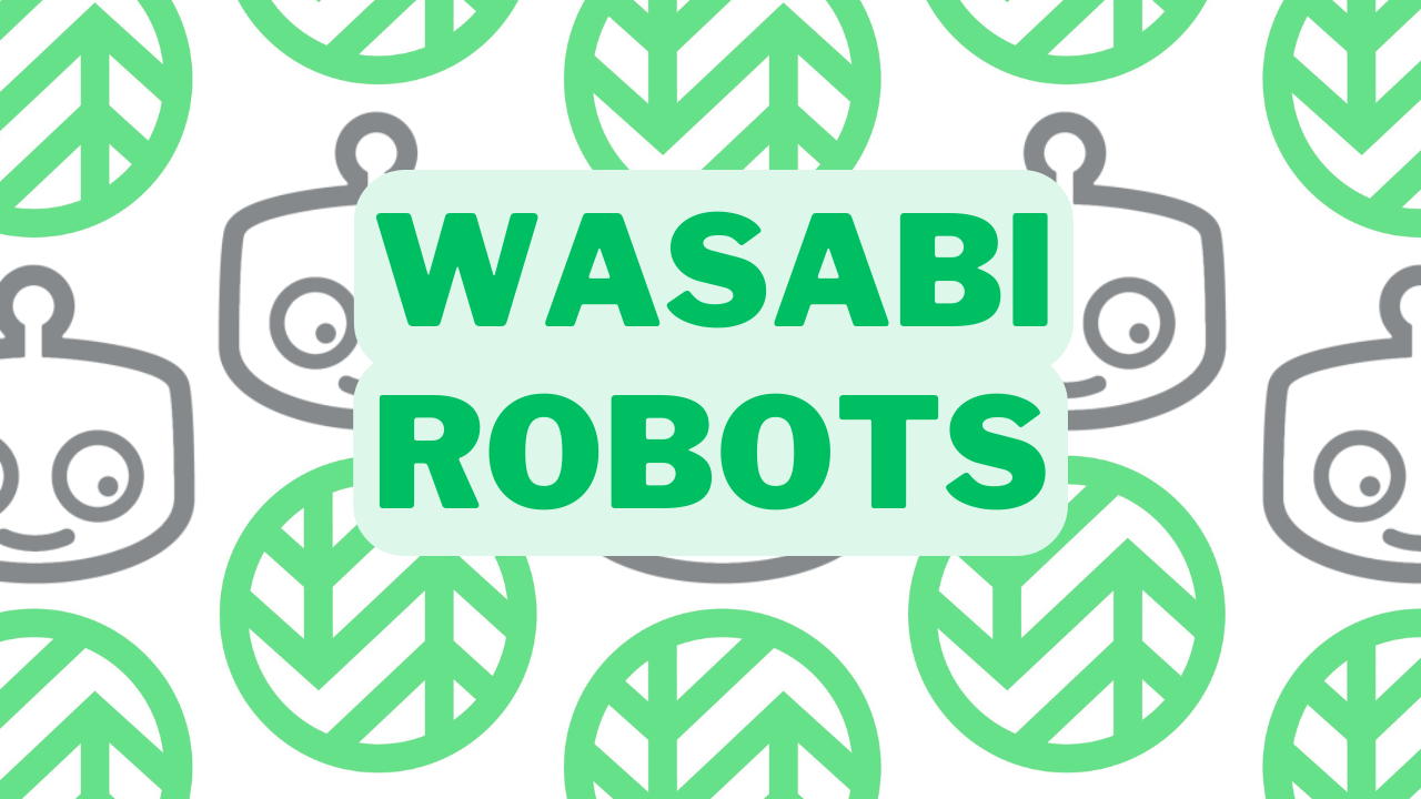 Wasabi and Transloadit logo background, with 'WASABI ROBOTS' text in front.