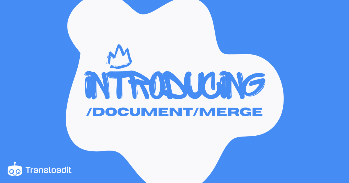 Bright blue background with a paint splat in the middle revealing the text 'Introducing /document/merge' in a graffiti style