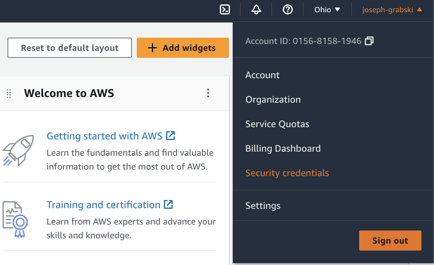 Screenshot: Security credentials in AWS