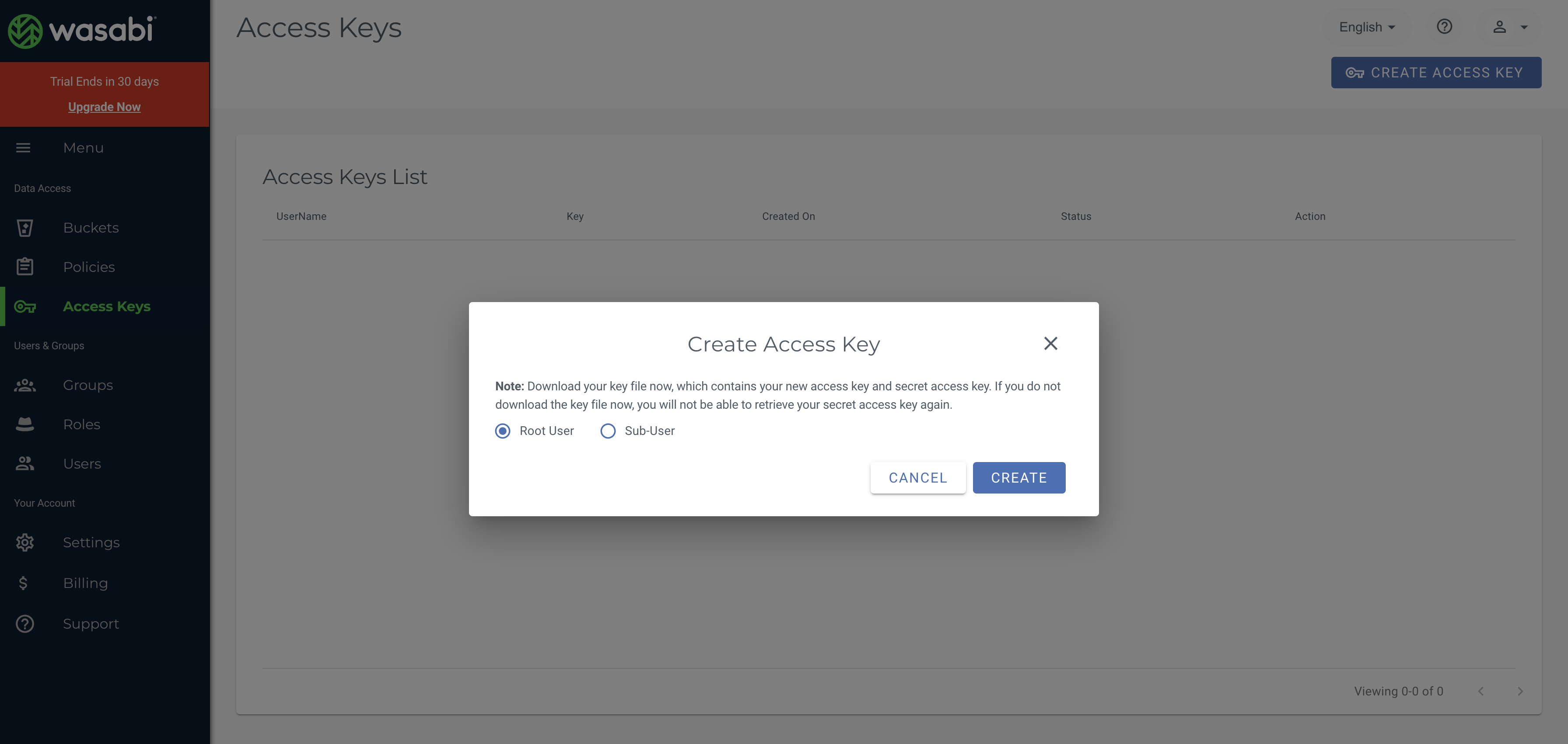 Screenshot: Access Keys